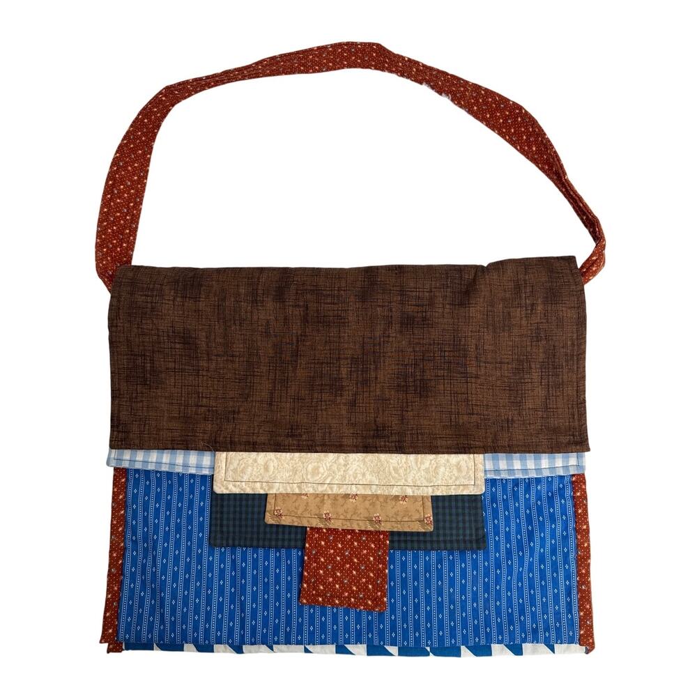 Handmade Quilted Patchwork Messenger Briefcase Bag Blue Red Brown OOAK